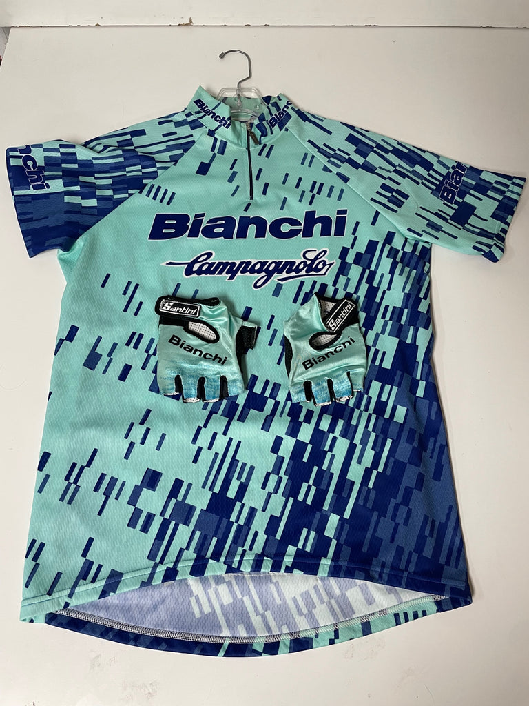 Vintage Santini Branded Bianchi/Campagnolo Cycling Jersey and Santini Gloves XL-XXL